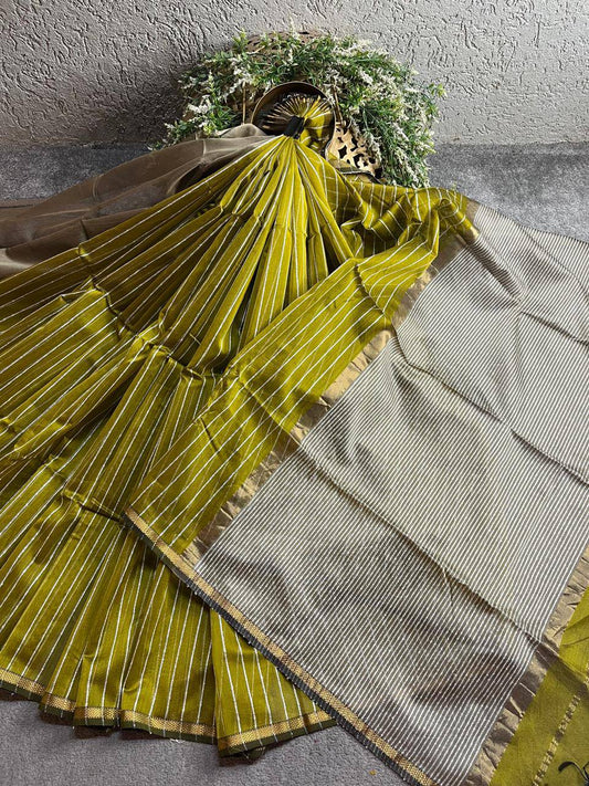 OLIVE GREEN SICO PURE HANDLOOM MAHESHWARI SAREE