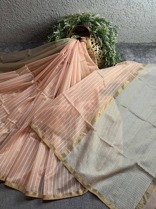 PEACH SICO PURE HANDLOOM MAHESHWARI SAREE