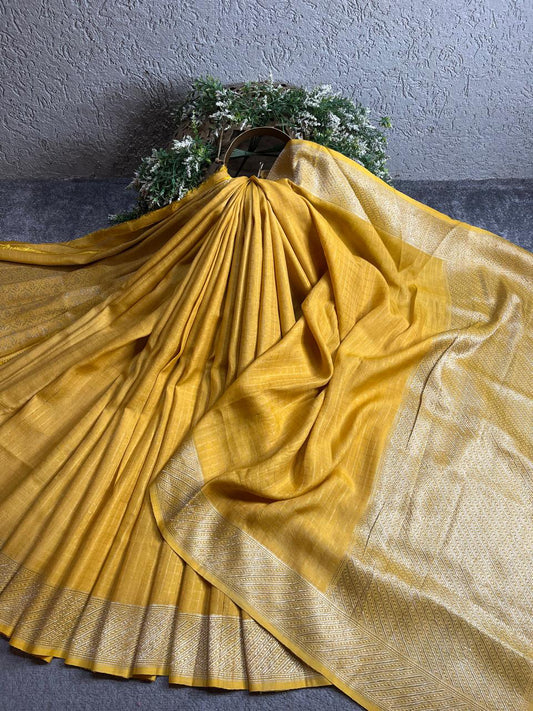 YELLOW TASSAR PURE HANDLOOM BANARASI SAREE