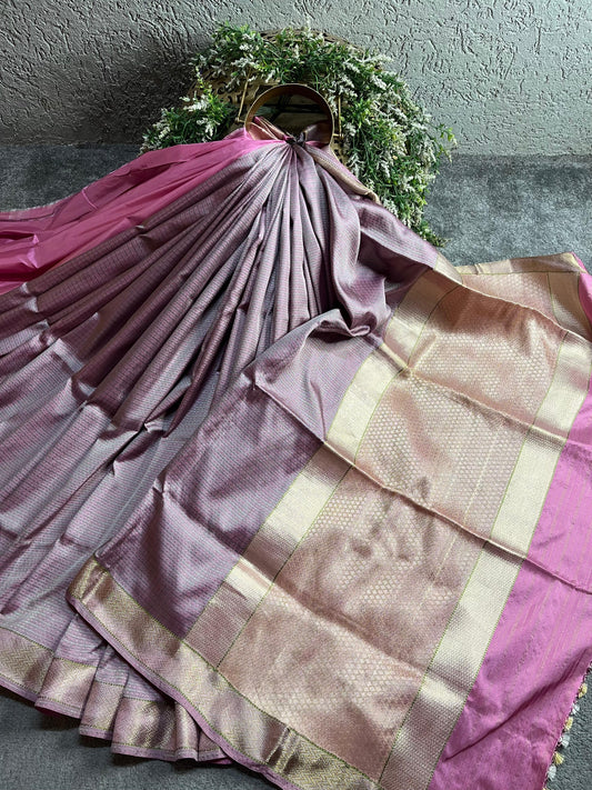 LILAC AND PINK SILK PURE HANDLOOM DO RUKHI BANARASI SAREE