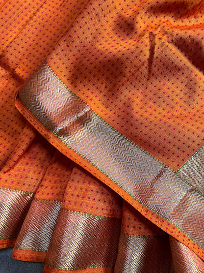 ORANGE AND RED SILK PURE HANDLOOM DO RUKHI BANARASI SAREE