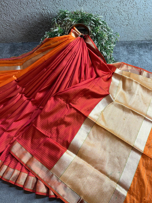 ORANGE AND RED SILK PURE HANDLOOM DO RUKHI BANARASI SAREE