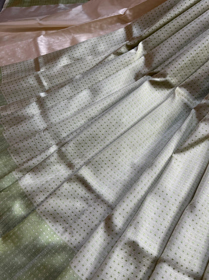 OLIVE GREEN AND WHITE SILK PURE HANDLOOM DO RUKHI BANARASI SAREE