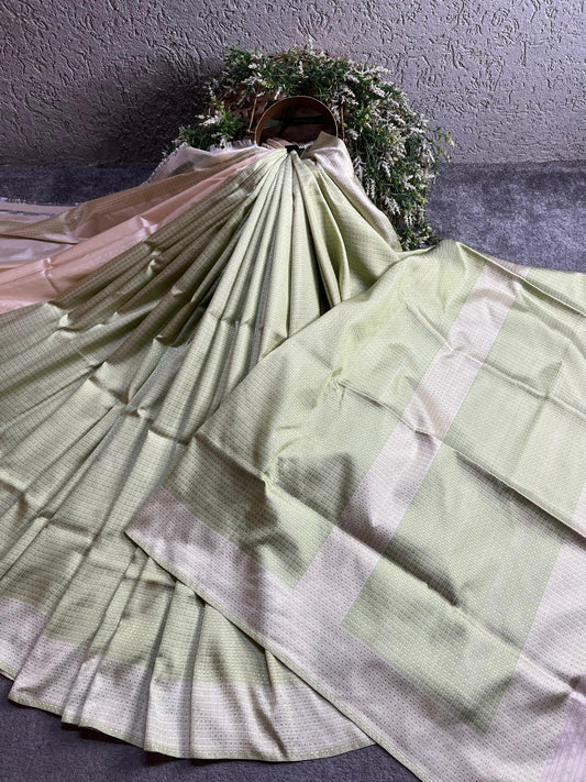 OLIVE GREEN AND WHITE SILK PURE HANDLOOM DO RUKHI BANARASI SAREE