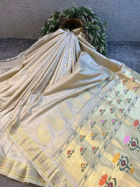 BEIGE SILK PURE HANDLOOM PAITHANI SAREE