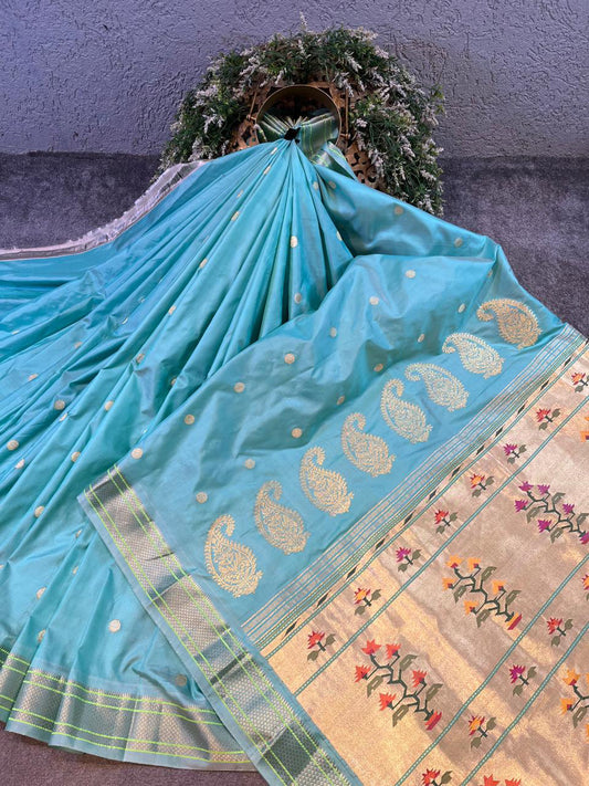TURQUOISE BLUE SILK PURE HANDLOOM PAITHANI SAREE