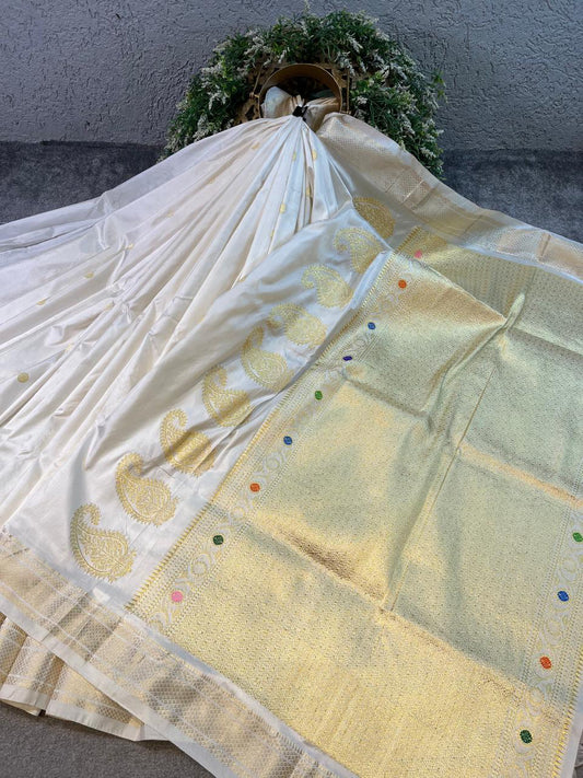 IVORY WHITE SILK PURE HANDLOOM PAITHANI SAREE