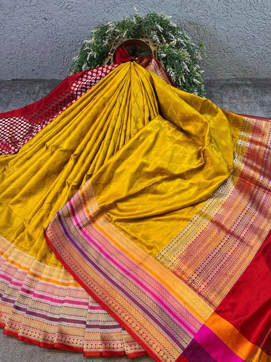 YELLOW MUSHROO SILK PURE HANDLOOM BANARASI SAREE