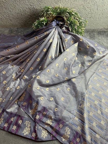 GREY KORA TISSUE PURE HANDLOOM BANARASI SAREE
