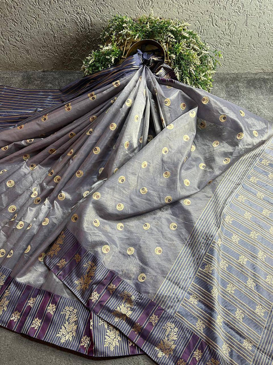 GREY KORA TISSUE PURE HANDLOOM BANARASI SAREE