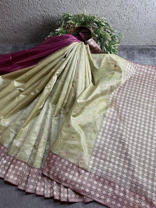 LIGHT PISTA GREEN KORA TISSUE PURE HANDLOOM BANARASI SAREE