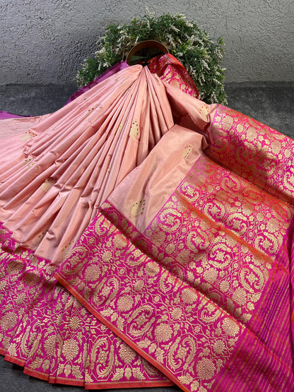 PEACH PINK SILK PURE HANDLOOM  BANARASI SAREE