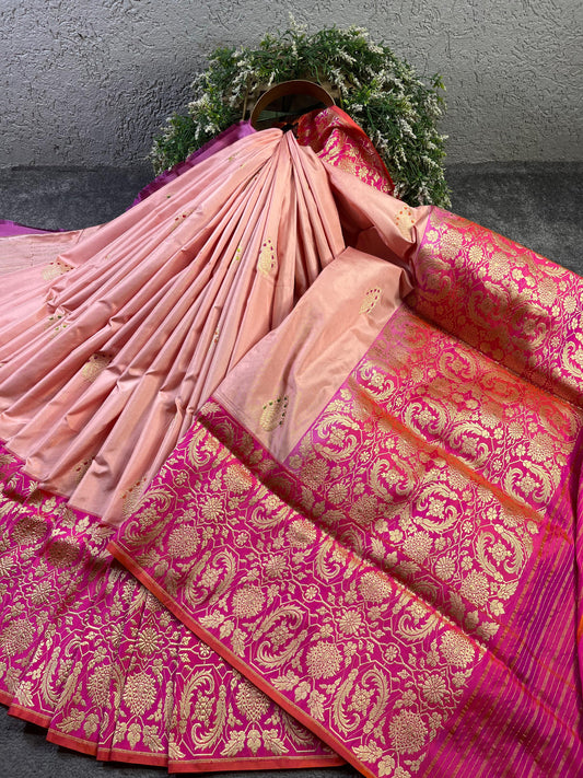 PEACH PINK SILK PURE HANDLOOM  BANARASI SAREE