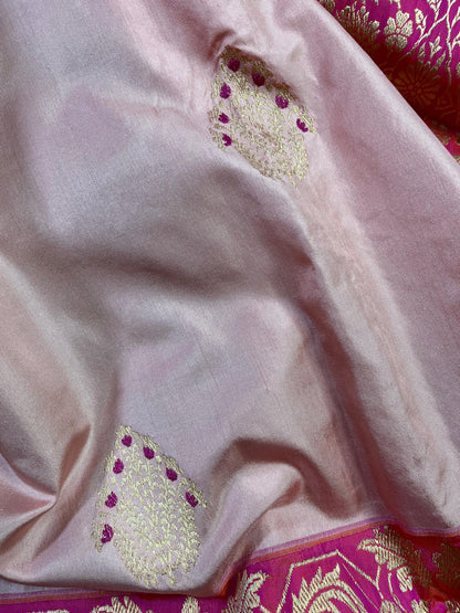 PEACH PINK SILK PURE HANDLOOM  BANARASI SAREE