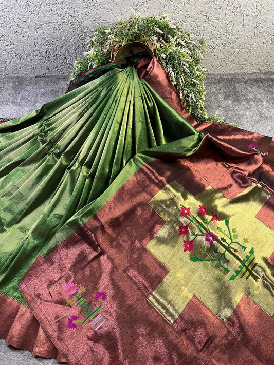 RADIANT GREEN TISSUE SILK PURE HANDLOOM PAITHANI SAREE