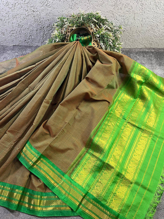 TWO TONE GREEN COTTON PURE HANDLOOM GADWAL SAREE