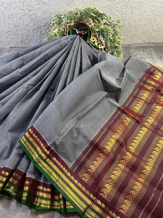 GREY COTTON PURE HANDLOOM GADWAL SAREE