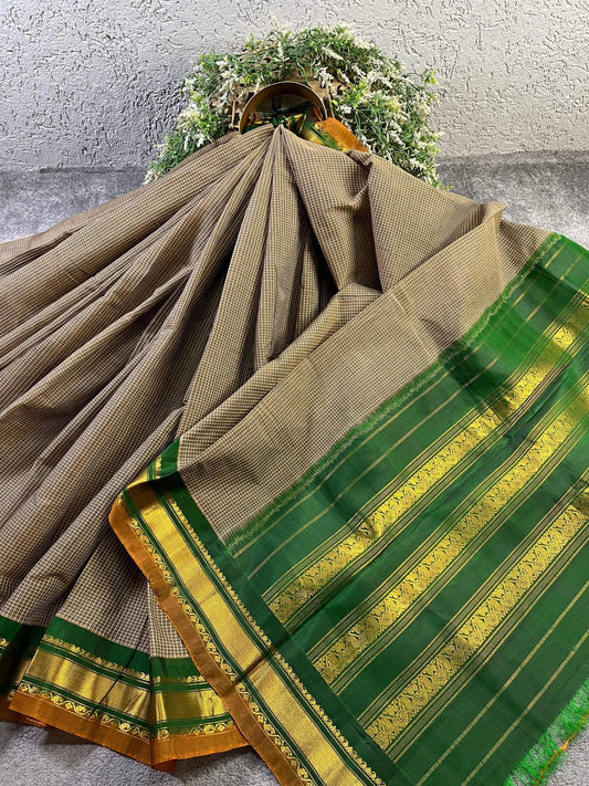 GREEN GREY COTTON PURE HANDLOOM GADWAL SAREE