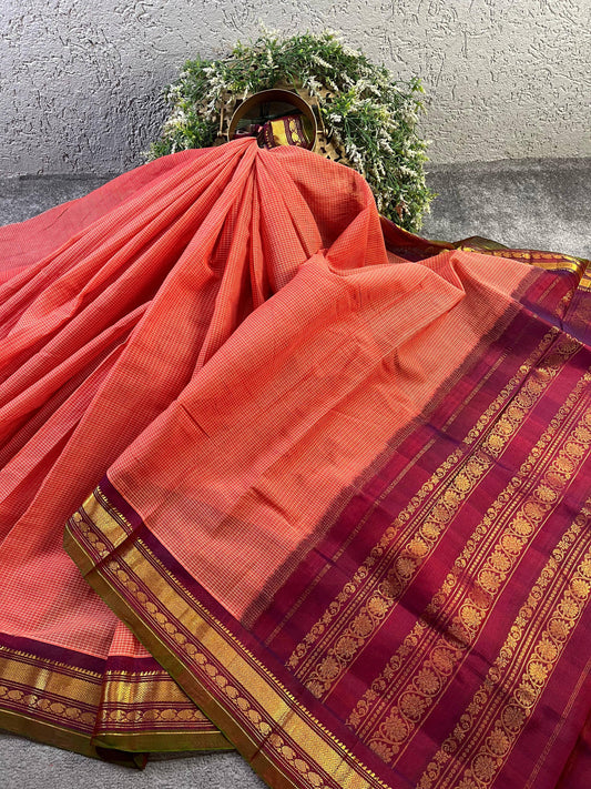 PINKISH ORANGE COTTON PURE HANDLOOM GADWAL SAREE