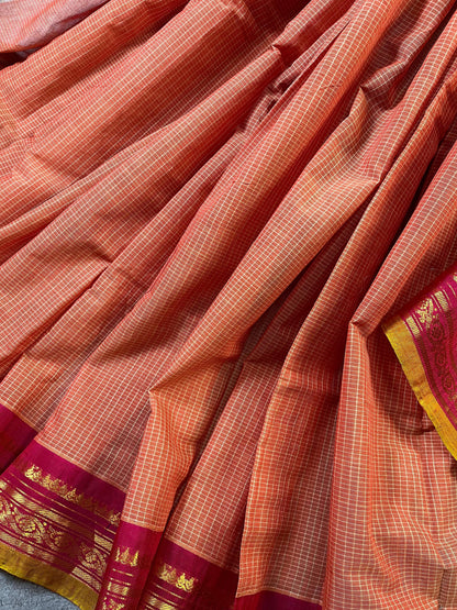ORANGE COTTON PURE HANDLOOM GADWAL SAREE
