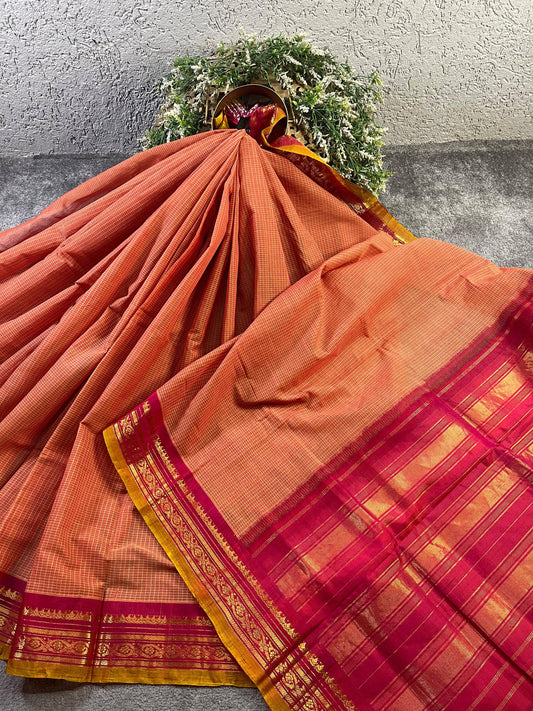 ORANGE COTTON PURE HANDLOOM GADWAL SAREE