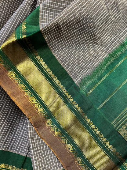 GREEN GREY COTTON PURE HANDLOOM GADWAL SAREE