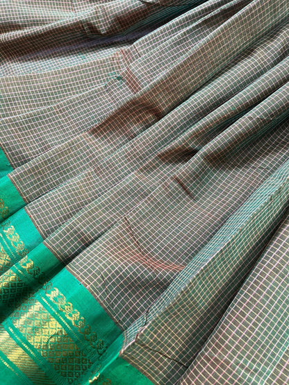 TWO TONE GREEN COTTON PURE HANDLOOM GADWAL SAREE