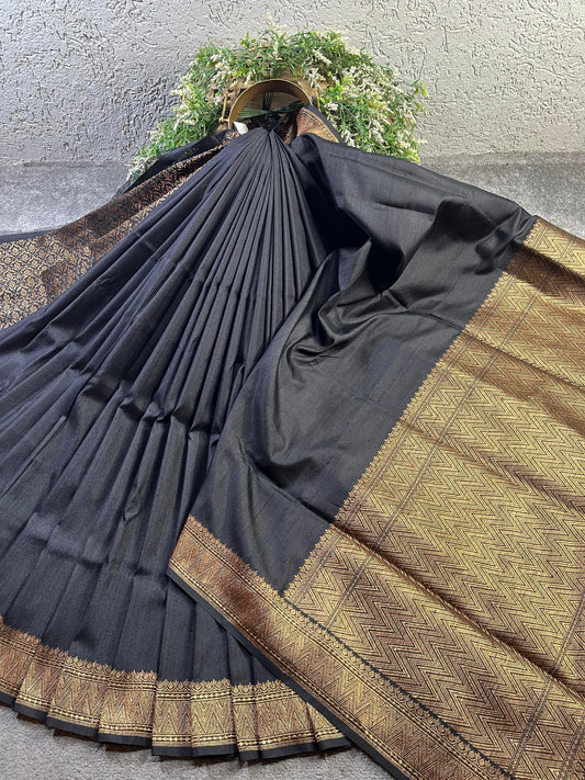BLACK TASSAR SILK PURE HANDLOOM BANARASI SAREE