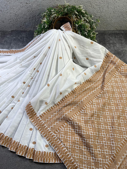 WHITE COTTON PURE HANDLOOM ASSAMESE SAREE
