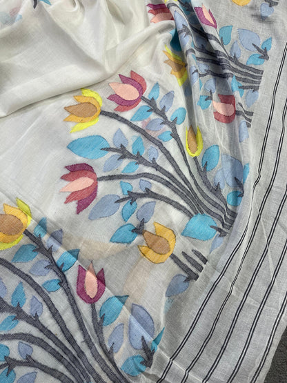 WHITE COTTON PURE HANDLOOM JAMDANI SAREE