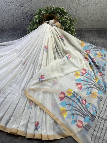 WHITE COTTON PURE HANDLOOM JAMDANI SAREE
