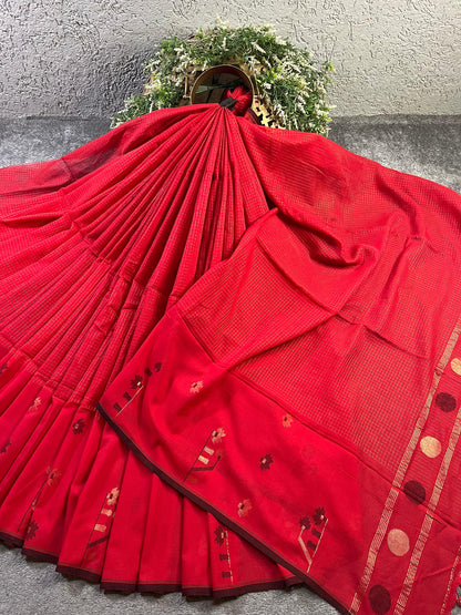RED COTTON PURE HANDLOOM MUL SAREE