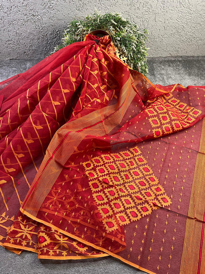 RED COTTON PURE HANDLOOM JAMDANI DHAKAI SAREE