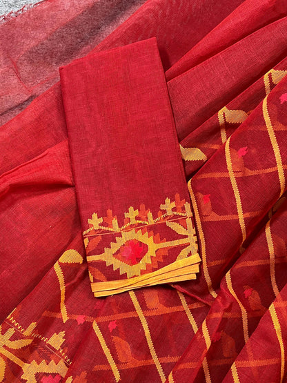 RED COTTON PURE HANDLOOM JAMDANI DHAKAI SAREE