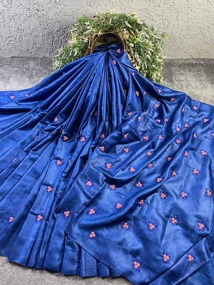 ROYAL BLUE TASSAR SILK PURE HANDLOOM FULKARI SAREE