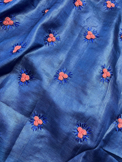 ROYAL BLUE TASSAR SILK PURE HANDLOOM FULKARI SAREE