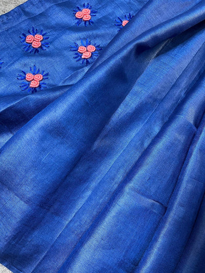ROYAL BLUE TASSAR SILK PURE HANDLOOM FULKARI SAREE