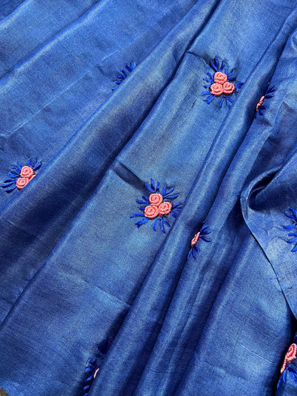 ROYAL BLUE TASSAR SILK PURE HANDLOOM FULKARI SAREE