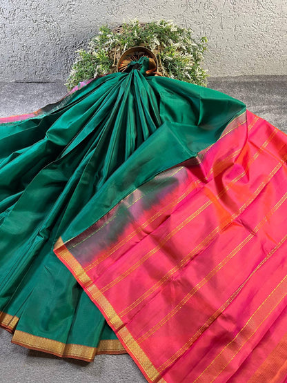 PEACOCK GREEN SILK PURE HANDLOOM KANJIVARAM SAREE