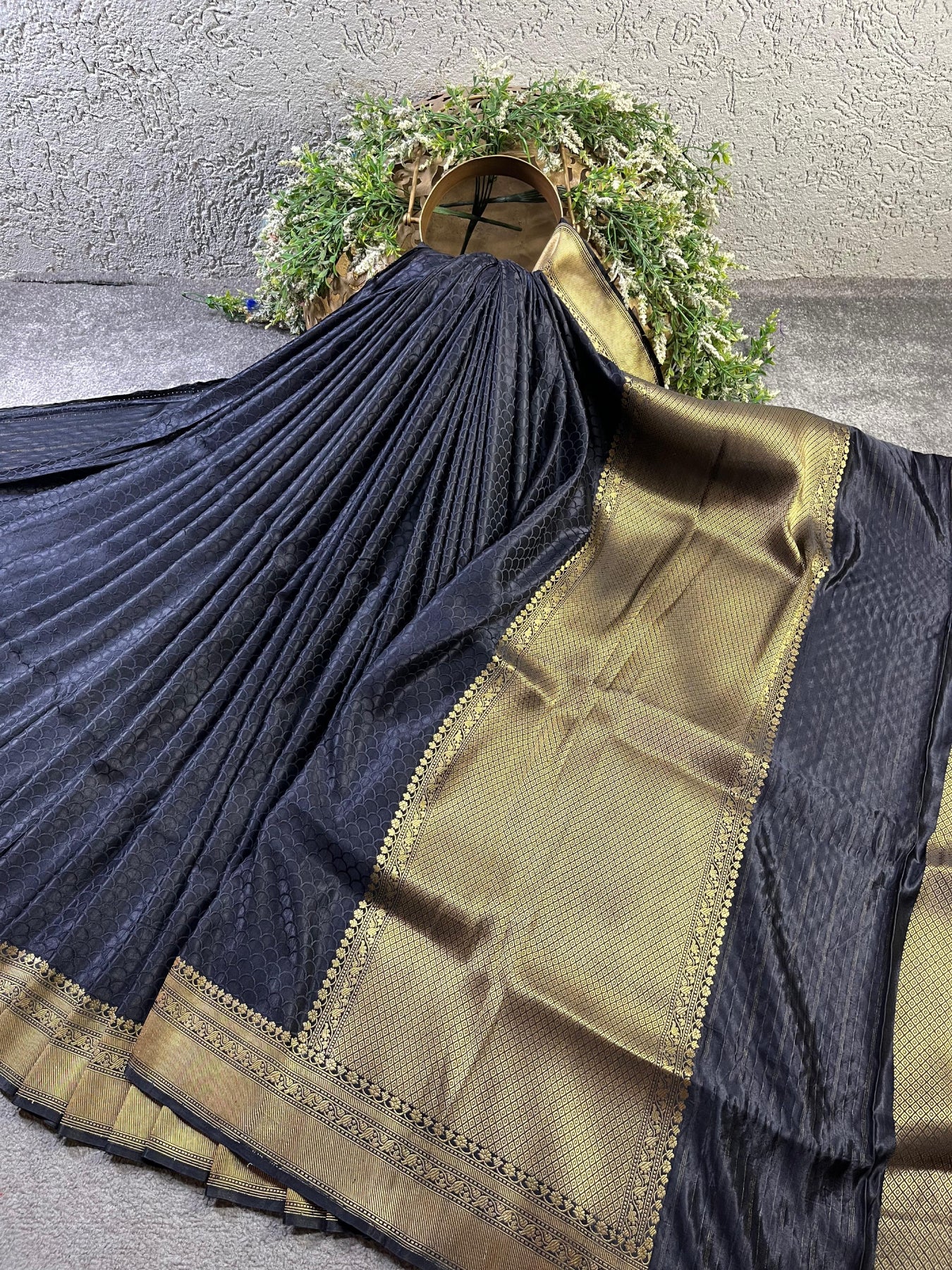 BLACK SATIN SILK PURE HANDLOOM BANARASI SAREE