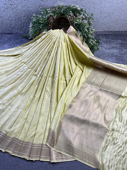 LIGHT YELLOW SATIN SILK PURE HANDLOOM BANARASI SAREE