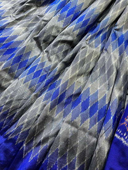 GREY BLUE SILK PURE HANDLOOM IKKAT SAREE