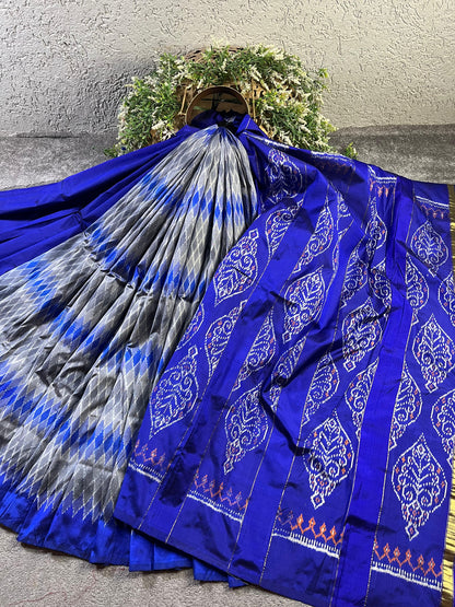 GREY BLUE SILK PURE HANDLOOM IKKAT SAREE