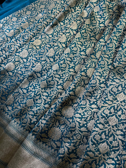 TEAL BLUE SILK PURE HANDLOOM BANARASI SAREE
