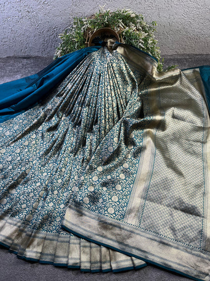 TEAL BLUE SILK PURE HANDLOOM BANARASI SAREE