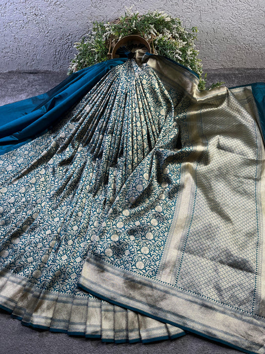 TEAL BLUE SILK PURE HANDLOOM BANARASI SAREE