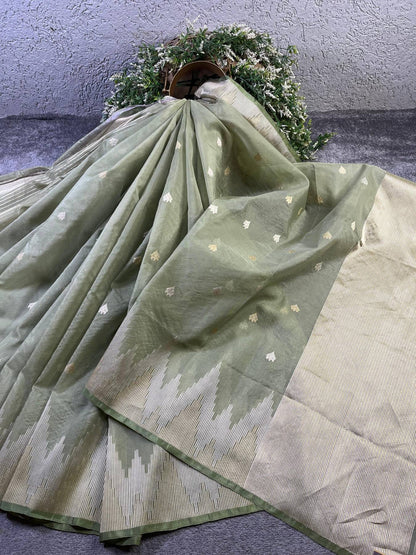 LIGHT OLIVE GREEN PURE HANDLOOM KORA BANARASI SAREE