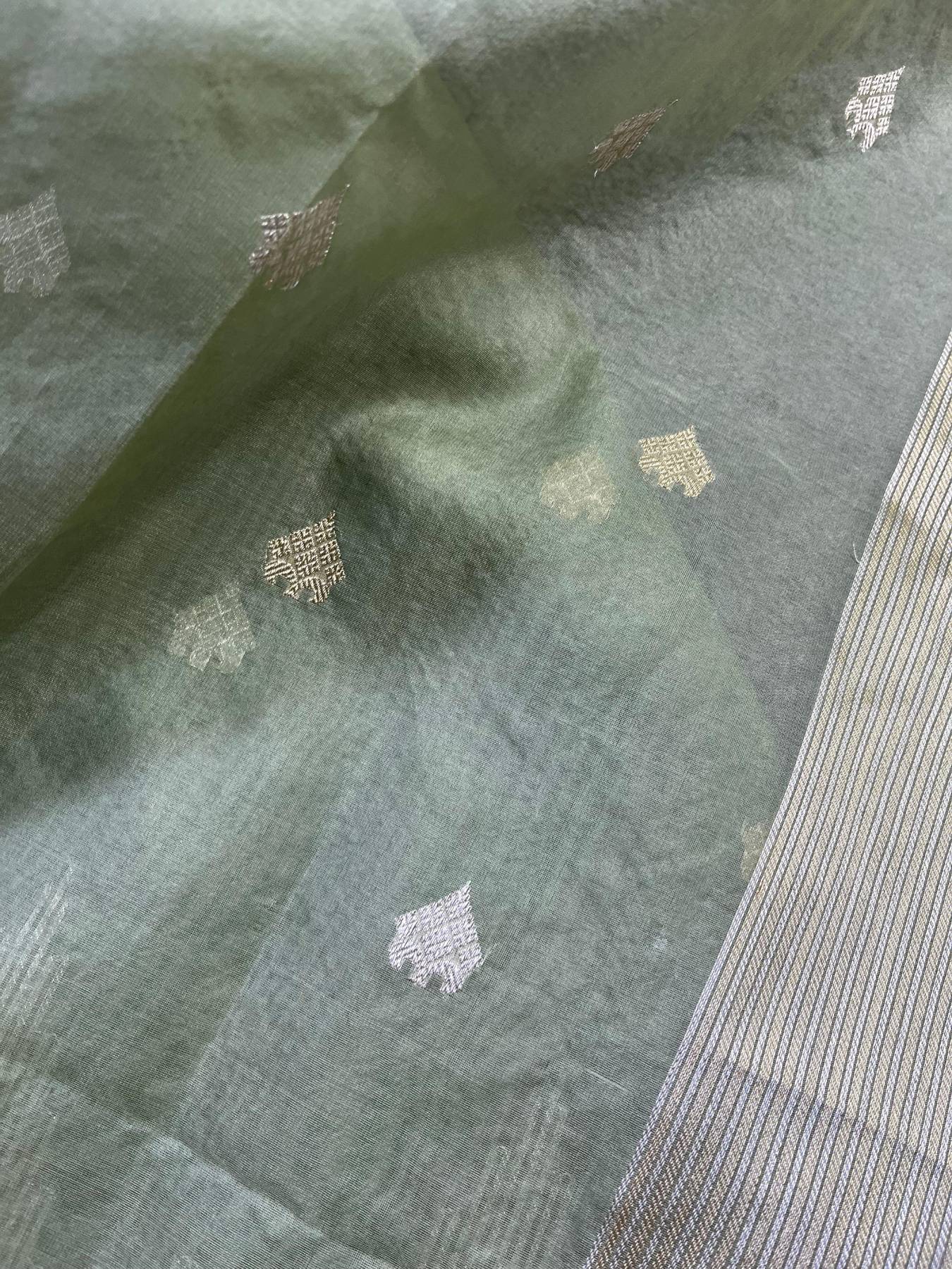 LIGHT OLIVE GREEN PURE HANDLOOM KORA BANARASI SAREE