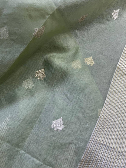 LIGHT OLIVE GREEN PURE HANDLOOM KORA BANARASI SAREE