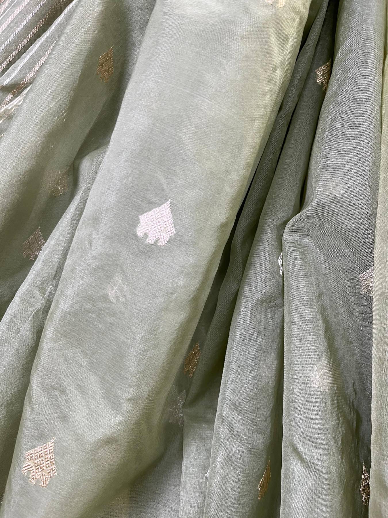 LIGHT OLIVE GREEN PURE HANDLOOM KORA BANARASI SAREE